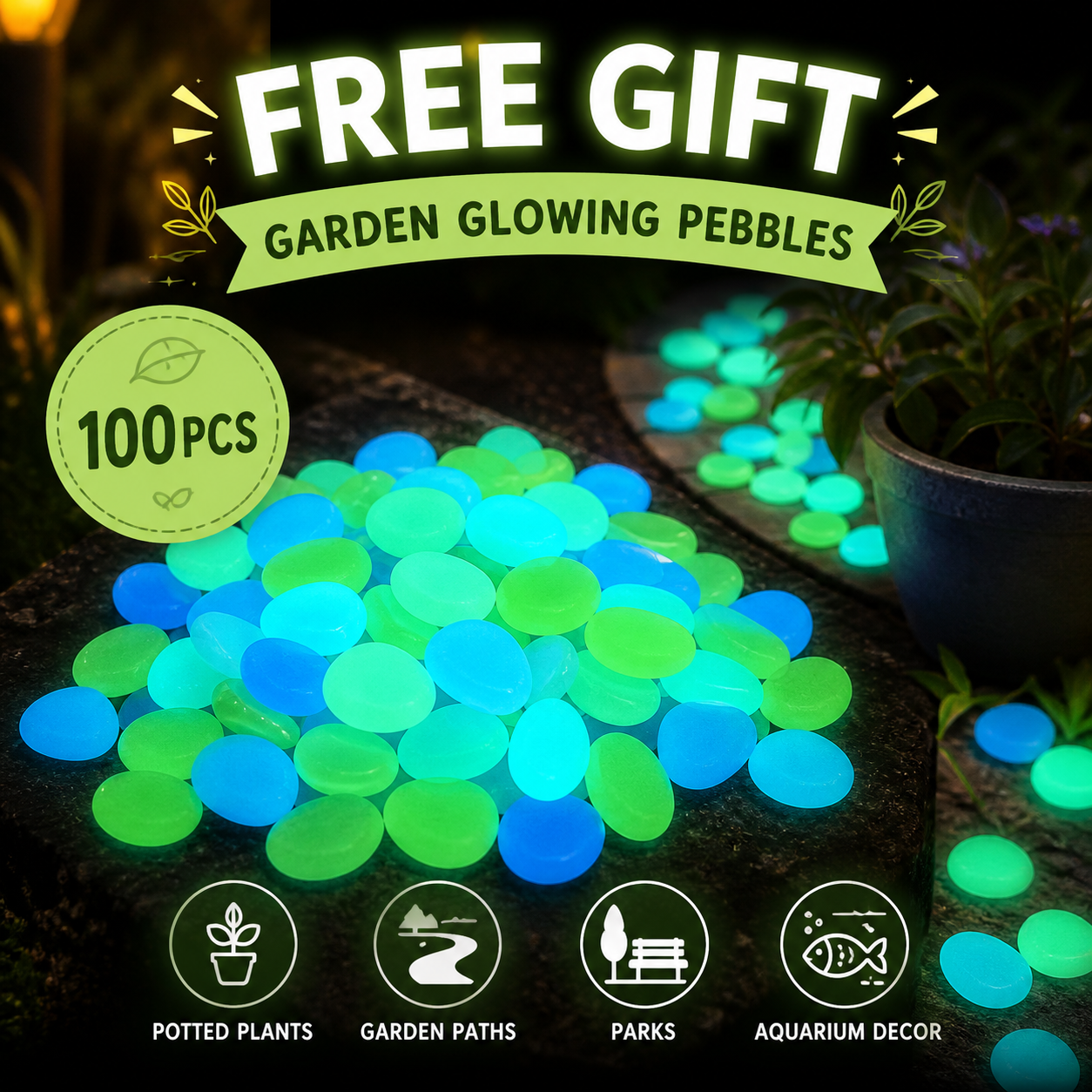 100Pcs Garden Glow Pebbles